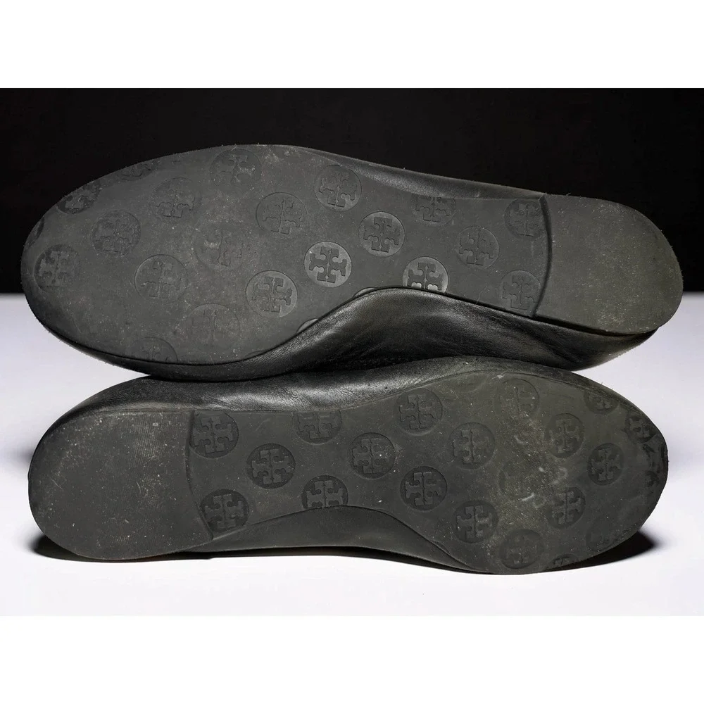 Tory Burch Reva Ballet Flats Gold Medallion Black Leather Comfy Stretch Size 10